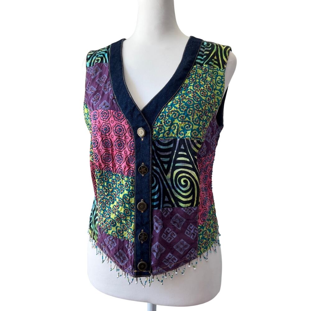 Vintage Y2K Multicolored Beaded Hem Button Front V-Neck Denim Vest